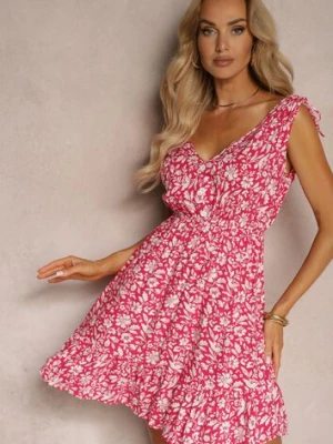 Fuksjowa Sukienka Bawełniana na Grubych Ramiączkach z Gumką w Pasie Zapinana na Guziki Tessri defox