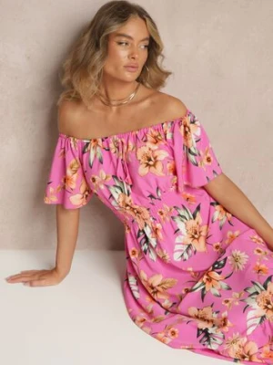 Fuksjowa Sukienka Hiszpanka w Kwiaty z Gumką w Pasie Deviela wei wei