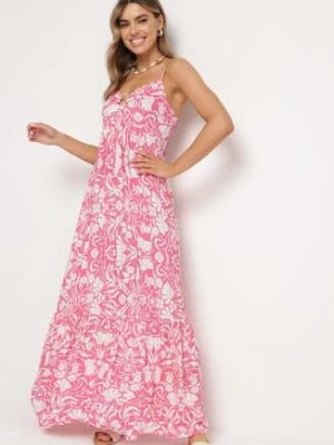 Fuksjowa Sukienka Maxi z Bawełny na Cienkich Ramiączkach z Falbanką i Kwiatowym Printem Miora