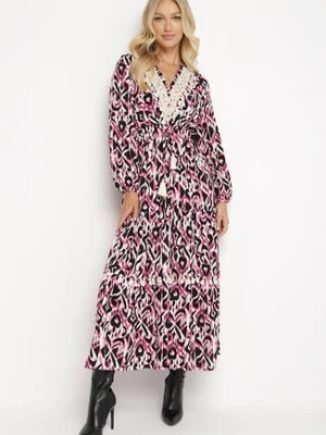 Fuksjowa Sukienka Maxi z Gumką w Pasie i Falbankami oraz Ażurową Tasiemką Juliene rosa