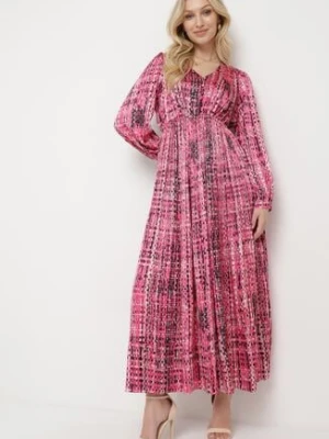 Fuksjowa Sukienka Maxi z Gumką w Talii i Plisowanym Dołem w Tweedowy Wzór Viostana belcci