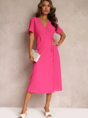 Fuksjowa Sukienka Midi z Kopertowym Dekoltem i Wiązaniem w Pasie Elisanu cflo