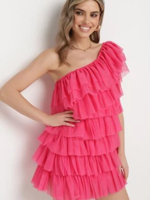 Fuksjowa Sukienka Mini na Jedno Ramię Asymetryczna z Falbankami Nomenta elsa.m by may