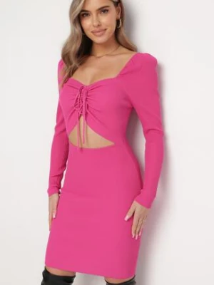 Fuksjowa Sukienka Mini z Prążkowanego Materiału z Wycięciem i Wiązaniem Cerdosja elsa.m by may