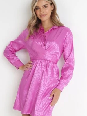 Fuksjowa Sukienka w Cętki z Kołnierzykiem i Wiązaniem z Gumką w Pasie Aldevronia lily rose