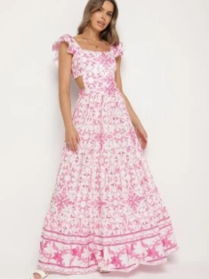 Fuksjowa Sukienka w Ornamentny Wzór z Wycięciem Halionea allyson