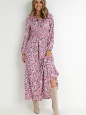 Fuksjowa Sukienka z Falbanką przy Dekolcie i Szeroką Gumką w Pasie Liyne rosa