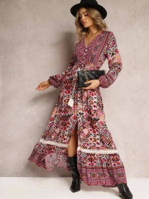 Fuksjowa Sukienka z Gumką w Talii w Etno Wzór Kapha