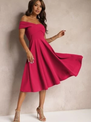 Fuksjowa Sukienka z Hiszpańskim Dekoltem o Rozkloszowanym Kroju Pelorea