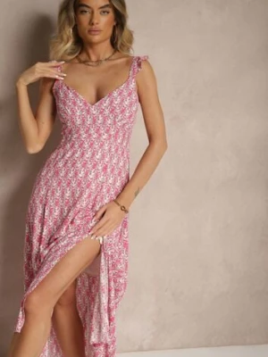 Fuksjowa Sukienka z Wiskozy z Falbankami w Kwiatowy Wzór Redeine rosa