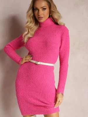 Fuksjowa Sweterkowa Sukienka Mini w Prążki z Wełną Klonxe j&x