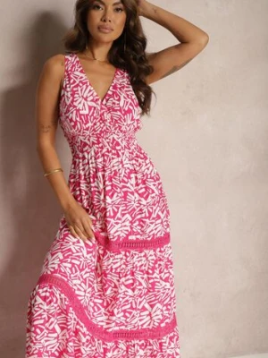 Fuksjowa Taliowana Sukienka z Bawełny na Ramiączkach z Gumką w Pasie Yalnena rosa