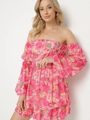 Fuksjowa Wiskozowa Sukienka Hiszpanka z Falbanami i Paskiem w Kwiaty Virmoi lovery