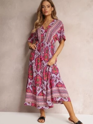 Fuksjowa Wiskozowa Sukienka Maxi z Gumką w Pasie i Falbanką Cophine cflo