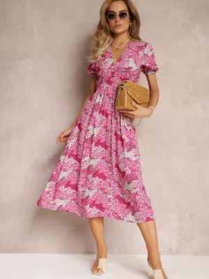 Fuksjowa Wiskozowa Sukienka Midi z Krótkimi Rękawami i Głębokim Dekoltem Emsle melya by melody