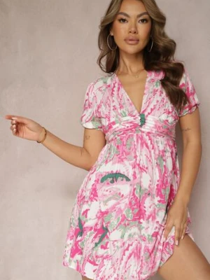 Fuksjowa Wiskozowa Sukienka o Rozkloszowanym Fasonie Zwężana pod Biustem Nellama melya by melody