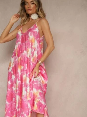 Fuksjowa Wiskozowa Sukienka Ozdobiona Abstrakcyjnym Motywem Nillosea rosa