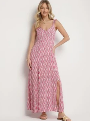 Fuksjowa Wiskozowa Sukienka w Kwiaty z Ozdobnymi Falbankami Redele rosa