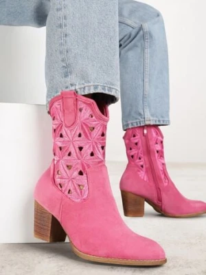 Fuksjowe Botki Kowbojki Vices na Słupku z Geometrycznym Motywem Sarori