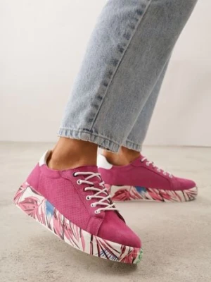 Fuksjowe Skórzane Sneakersy na Plaformie w Pióra z Perforacją Tidessa goodin