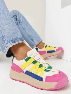 Fuksjowe Sneakersy na Płaskiej Grubej Podeszwie z Imitacji Zamszu Ozdobione Wstawkami z Ekoskóry Mariatta