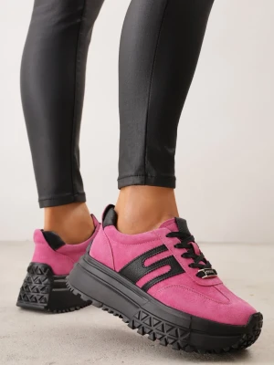 Fuksjowe Sneakersy na Platformie z Zamszu Naturalnego ze Skórzaną Wkładką Fenvenuta Goodin Różowy