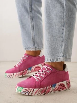Fuksjowe Sneakersy ze Skóry Naturalnej z Perforacją i Motywem Piór Riosinda goodin