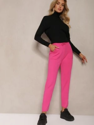 Fuksjowe Spodnie z Bawełną High Waist Ozdobione Sznurkiem Venaline j&x