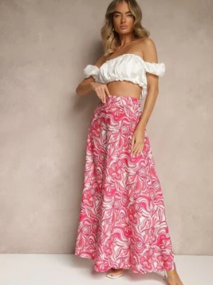 Fuksjowe Spodnie z Wiskozy o Szerokim Kroju High Waist z Abstrakcyjnym Wzorem Nilianea
