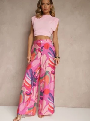 Fuksjowe Spodnie z Wiskozy o Szerokim Kroju High Waist ze Wzorem Liści Ralimia rosa