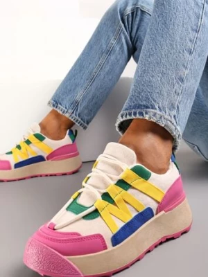 Fuksjowe Sznurowane Płaskie Sneakersy z Kolorowymi Wstawkami z Ekoskóry Wonise