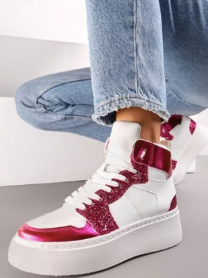 Biało-Fuksjowe Sznurowane Sneakersy za Kostkę z Brokatem i Metalicznymi Wstawkami Sareena