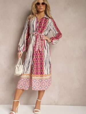 Fuksjowo-Beżowa Koszulowa Sukienka Wiązana w Talii Ozdobiona Abstrakcyjnym Wzorem Nilima