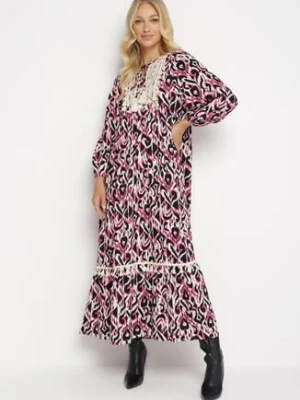 Fuksjowo-Czarna Rozkloszowana Sukienka Maxi z Falbanką Tinamessa rosa