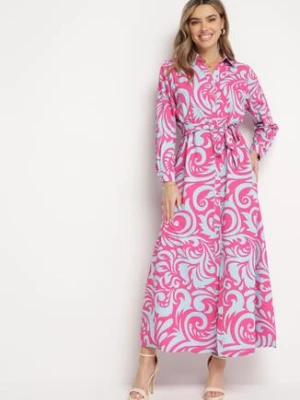 Fuksjowo-Niebieska Koszulowa Sukienka Maxi z Materiałowym Paskiem w Abstrakcyjne Wzory Terins cflo