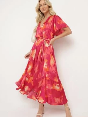 Fuksjowo-Pomarańczowa Sukienka z Kopertowym Dekoltem z Materiałowym Paskiem i Gumką w Talii Vikiama