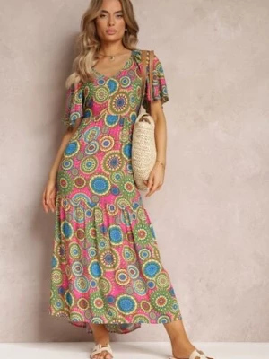 Fuksjowo-Zielona Wiskozowa Sukienka Maxi w Kwiaty z Rozkloszowanym Dołem i Falbanką Pathna cflo