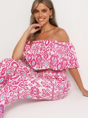 Fuksjowy Bawełniany Komplet Bluzka na Ramiączkach Spodnie z Gumką w Pasie Charivia