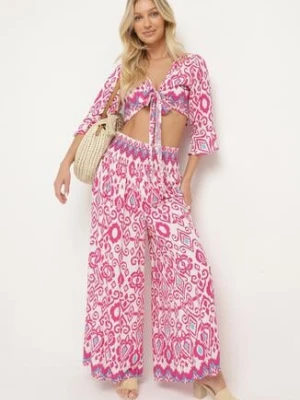 Fuksjowy Bawełniany Komplet Kopertowy Top z Wiązaniem Szerokie Spodnie z Gumką w Pasie Viknie