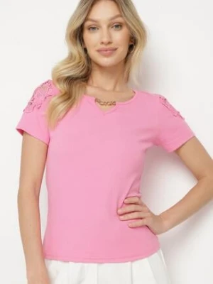 Fuksjowy Bawełniany T-shirt z Łańcuszkiem i Koronką Liraveira h&s