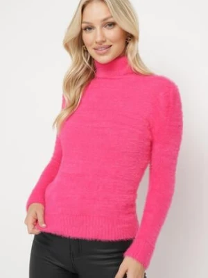 Fuksjowy Elastyczny Golf z Wełną i Ściągaczami Ozdobiony Długim Włosem Alussone j&x