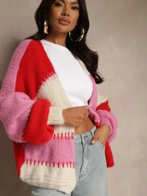 Fuksjowy Kardigan z Domieszką Wełny i Wiskozy w Patchworkowym Stylu Fesolinne jumelle