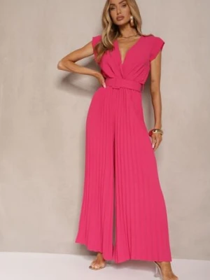 Fuksjowy Kopertowy Kombinezon Wide Leg Zdobiony Plisami i Paskiem z Klamrą Salirella lovery