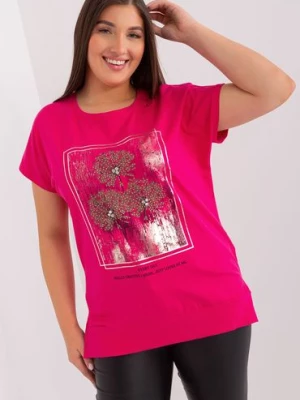 Fuksjowy t-shirt damski z motywem roślinnym plus size - RELEVANCE