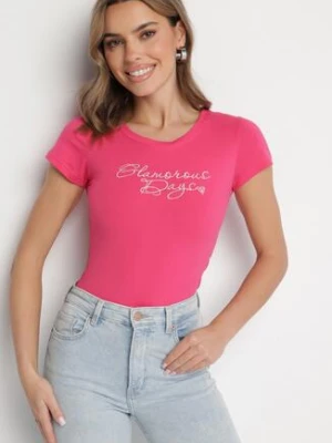 Fuksjowy T-shirt z Bawełny z Ozdobnym Napisem Asemi
