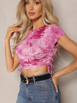 Fuksjowy Wiskozowy T-shirt ze Wzorem Tie-Dye z Wiązaniami po Bokach Iriandella