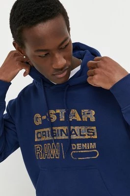 G-Star Raw bluza bawełniana męska kolor niebieski z kapturem z nadrukiem