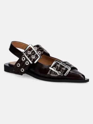 GANNI baleriny Feminine Buckle Ballerina kolor bordowy z odkrytą piętą S3086