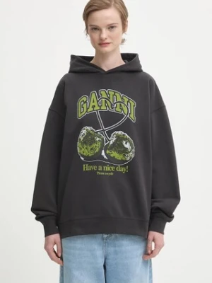 GANNI bluza bawełniana Isoli Cherries Oversized damska kolor szary z kapturem z nadrukiem T4285