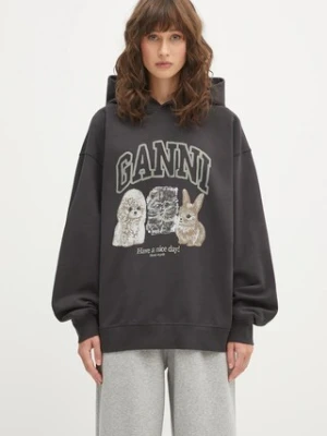 GANNI bluza bawełniana Isoli Oversize Animals damska kolor szary z kapturem z nadrukiem T4270